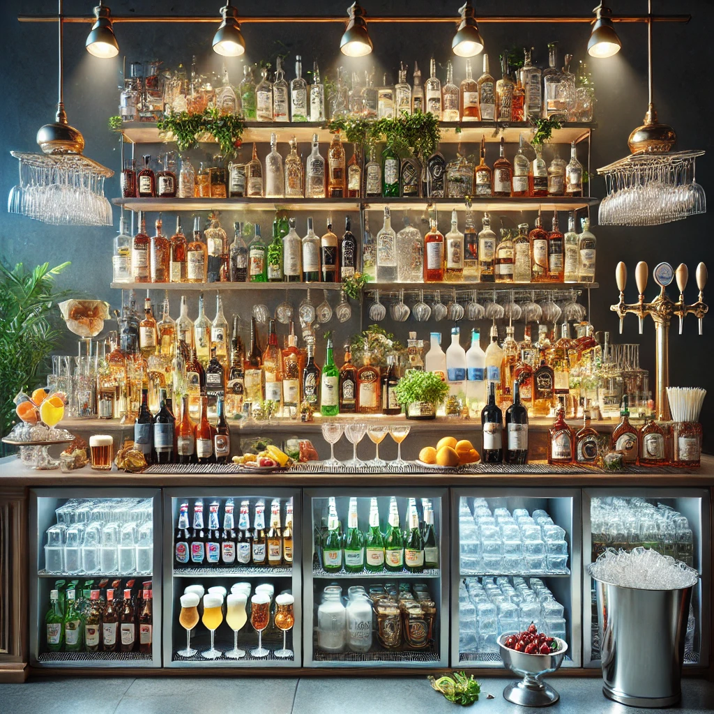 Beautifully decorated wedding bar setup